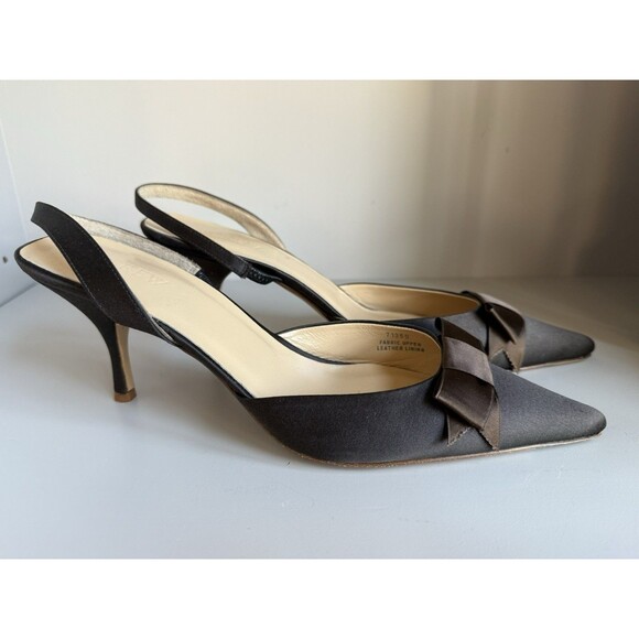 J Crew Satin Sling Back Kitten Heels Brown Bow 9.5 - Picture 3 of 8